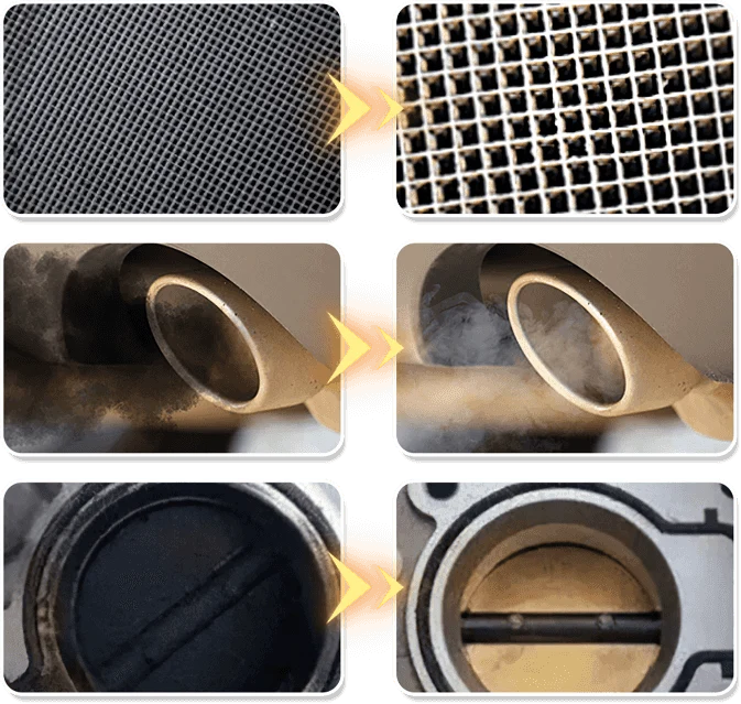 Before and after comparison of a filter, exhaust pipe and throttle body