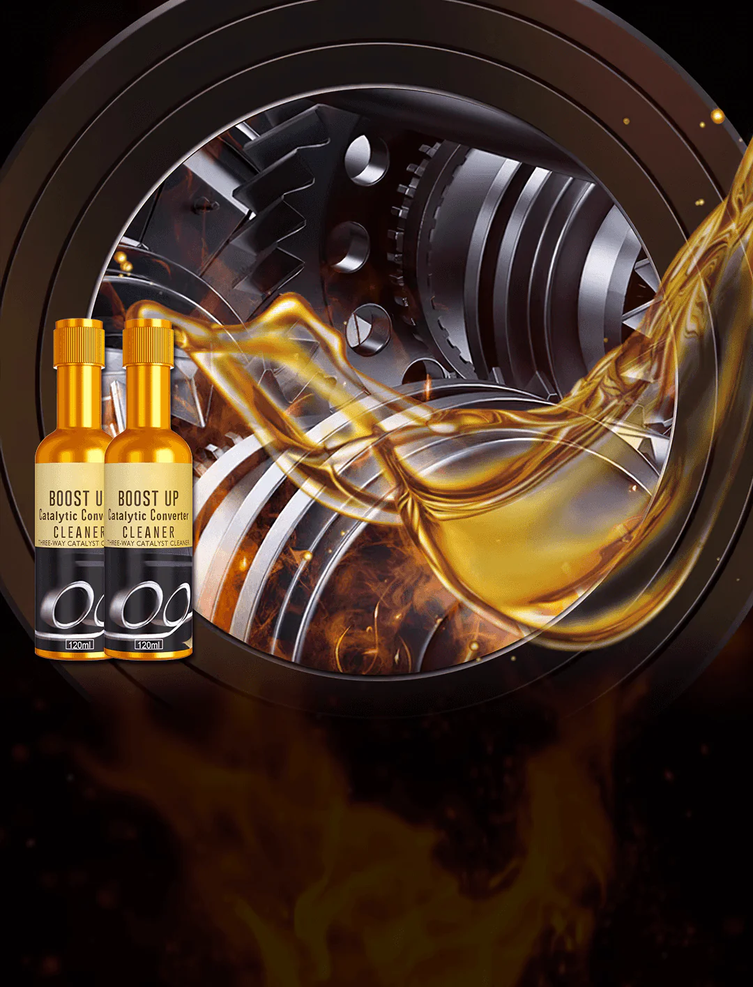 Engine components with golden fluid and two cleaner bottles
