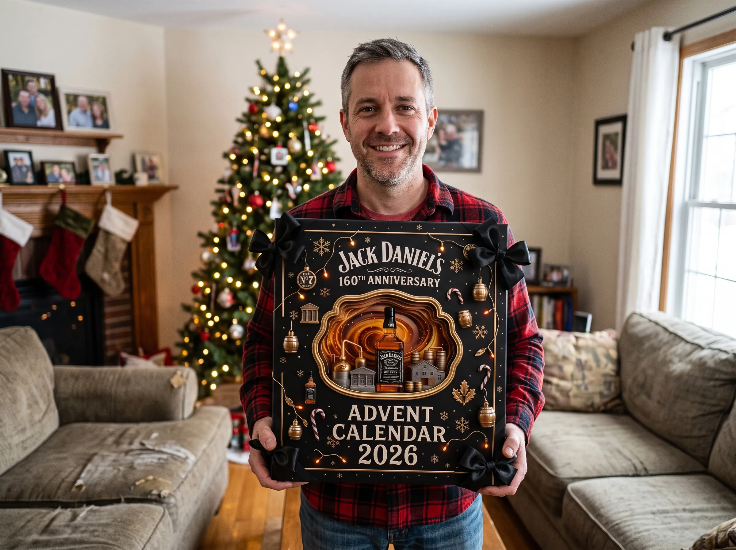Man holding the Advent Calendar box beside a Christmas tree
