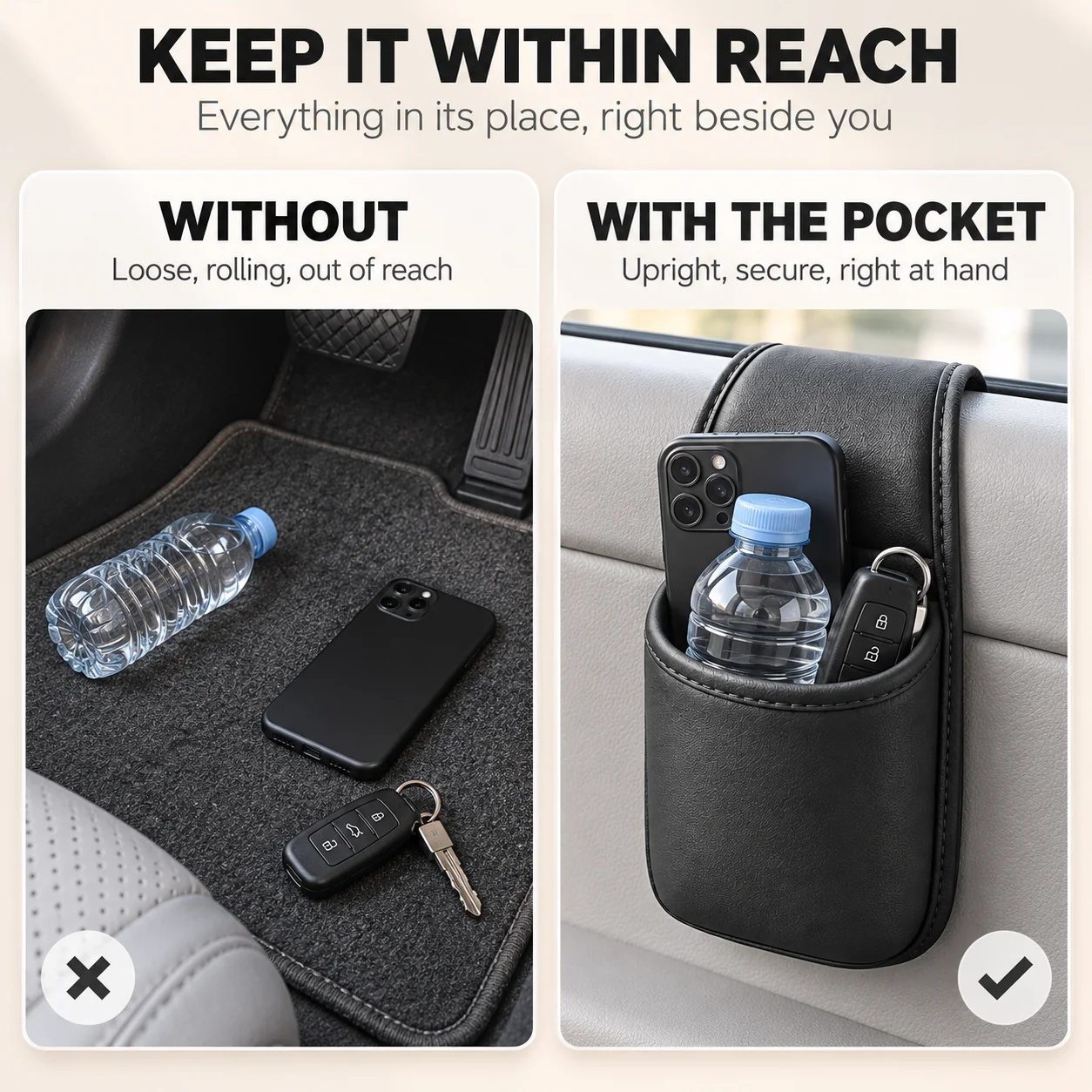 Car door storage pocket keeping a phone, bottle and keys upright, compared with loose items on the car floor