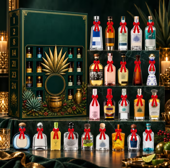 Green advent calendar gift box beside miniature bottles decorated with red ribbons