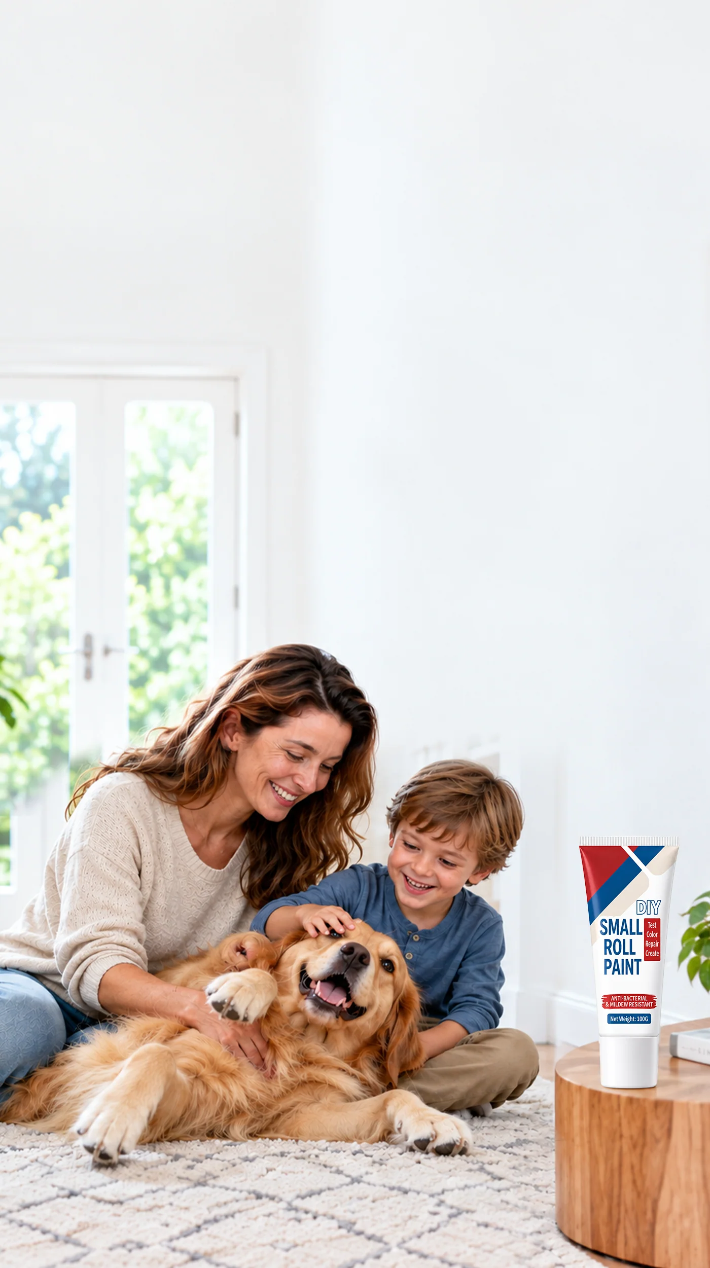 Mother and child with their dog beside wall touch-up paint