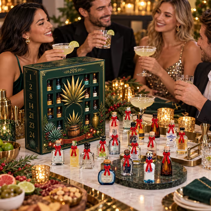 Green and gold advent calendar gift box with miniature bottles displayed on a festive table