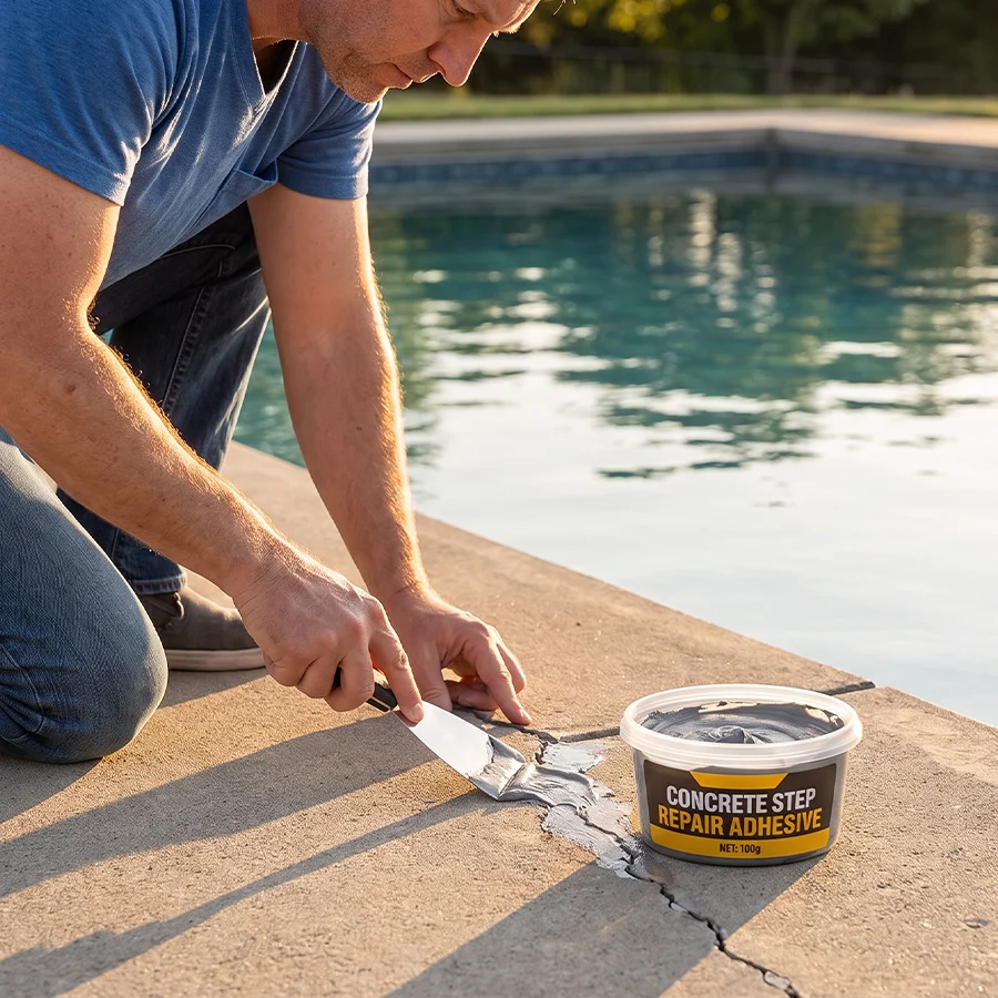 Repairing cracked concrete beside a swimming pool