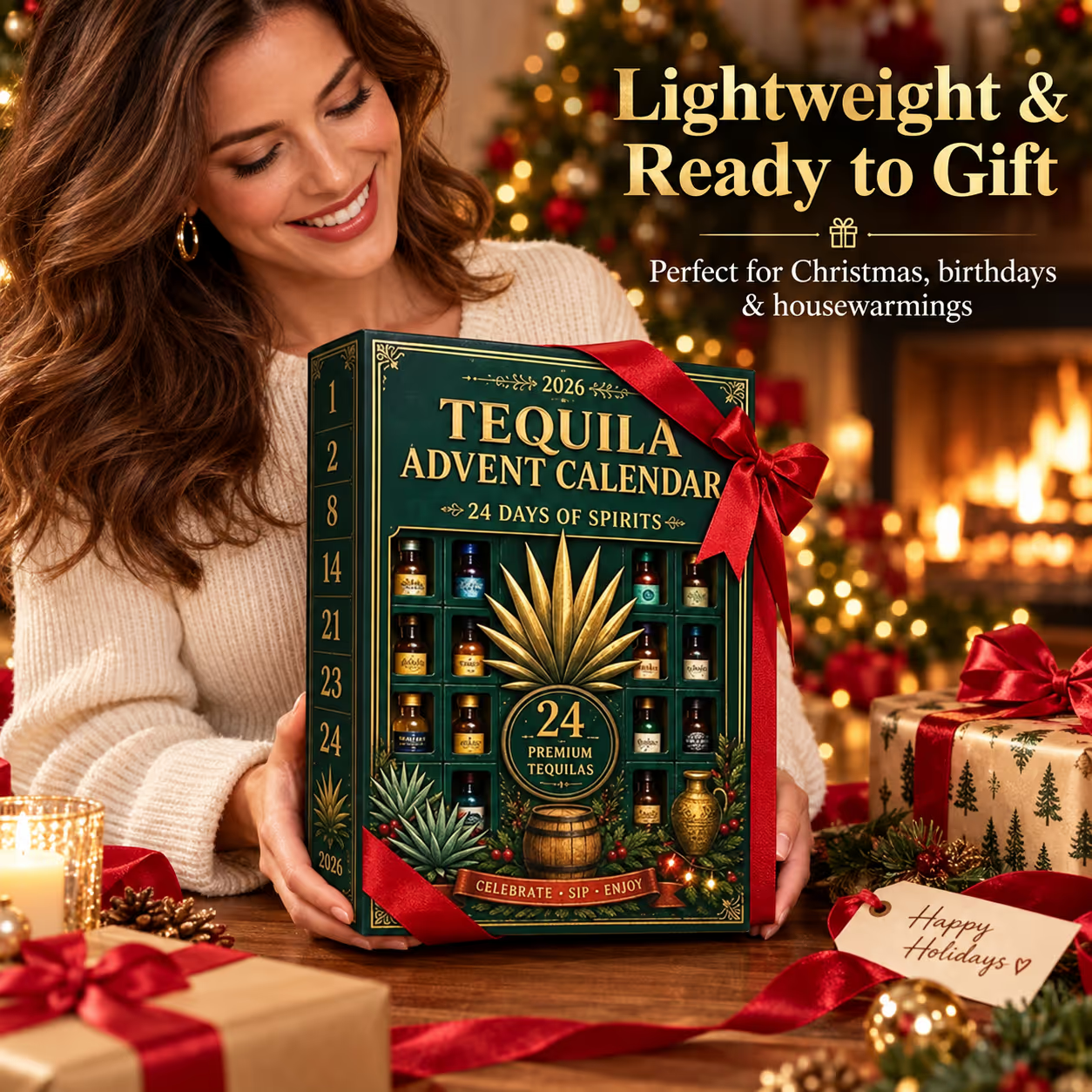 Woman holding a Tequila Advent Calendar gift box with a red ribbon