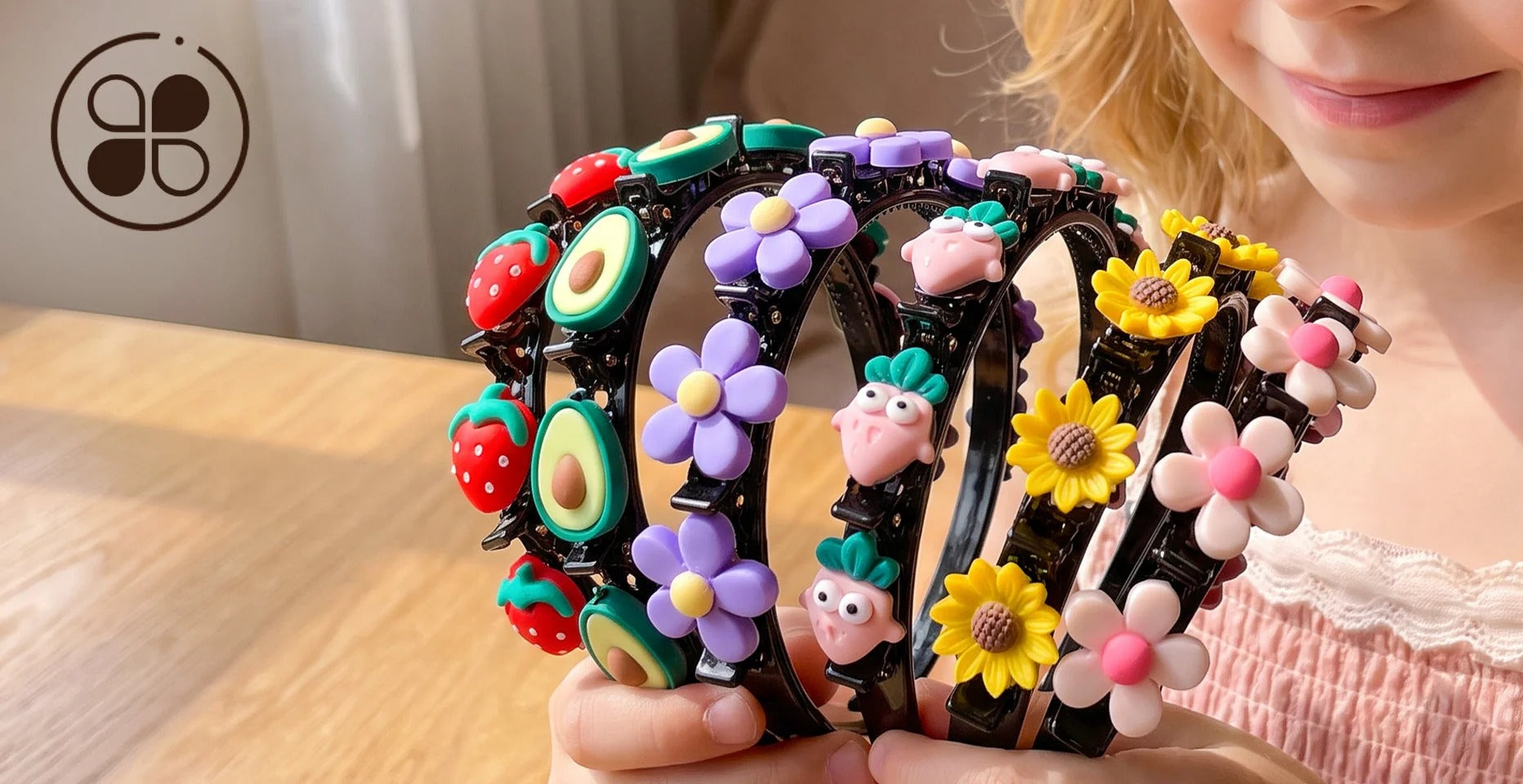 Six colorful fruit and flower headband designs