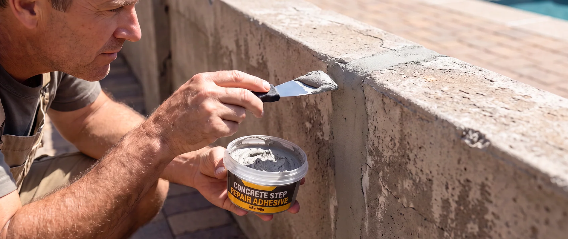 Applying repair adhesive to a damaged concrete wall edge