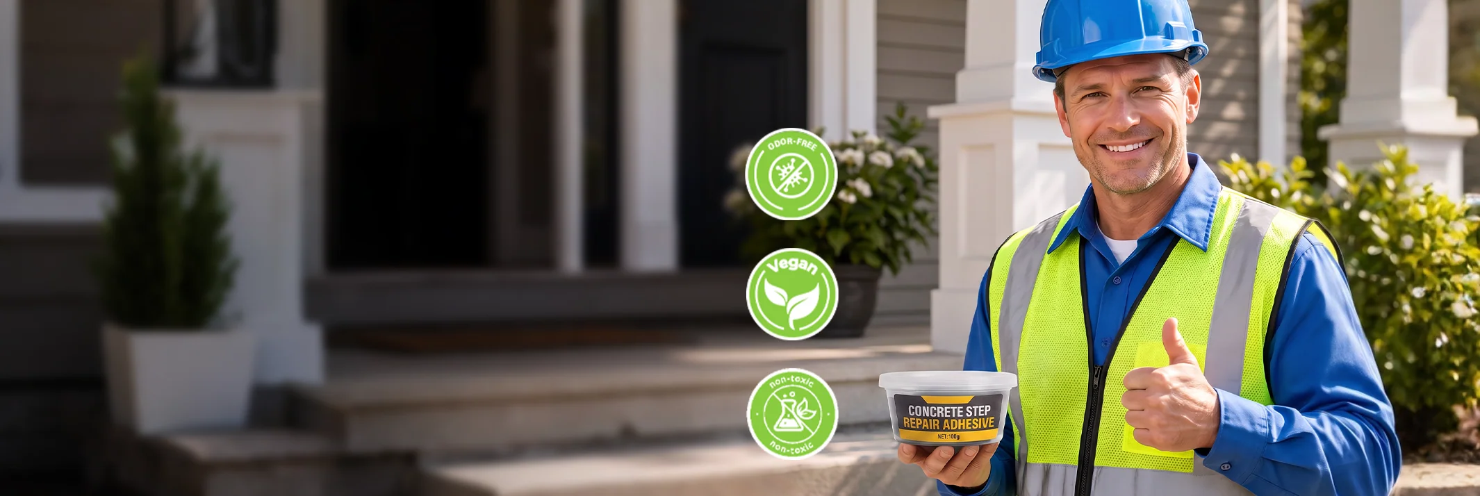 Worker holding concrete repair adhesive outside a house
