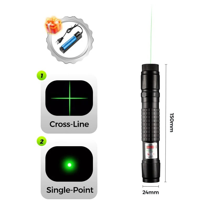 Laser tool with cross-line and single-point modes, shown with dimensions of 150 mm by 24 mm
