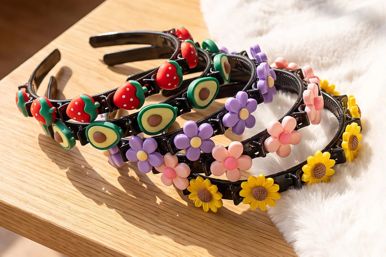 Fruit and flower braiding headbands arranged on a wooden surface
