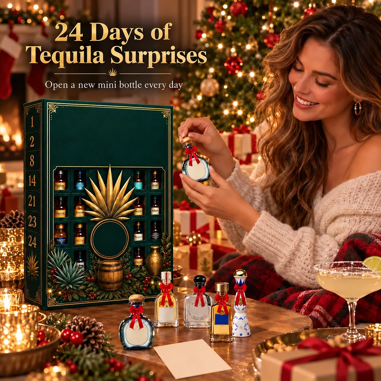 Woman holding a miniature bottle beside a green advent calendar gift box in a festive setting