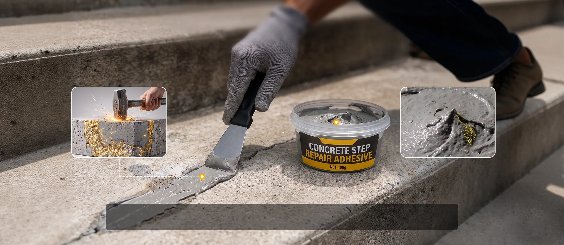 Concrete repair adhesive applied to a damaged step