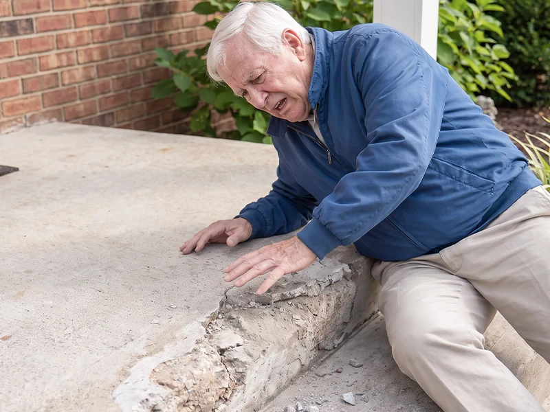 A man beside a damaged concrete step