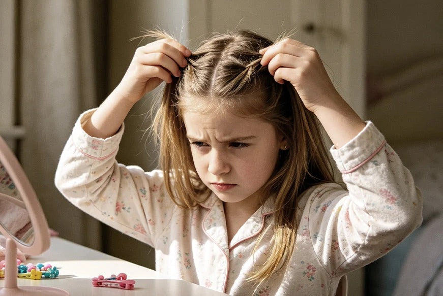 Girl struggling to braid her hair