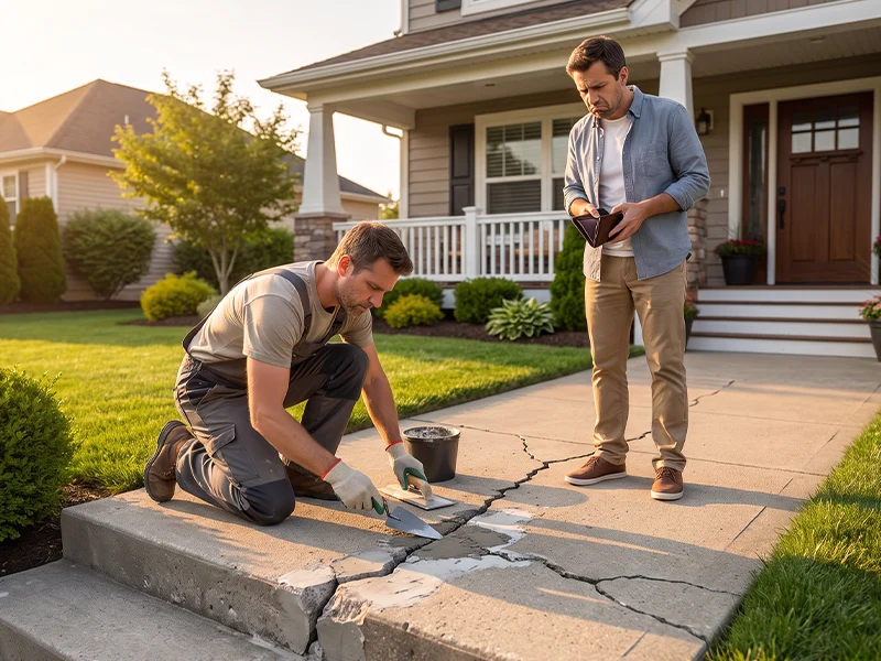 A contractor repairing concrete outside a house