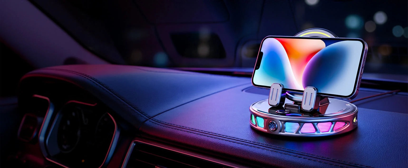 RGB car mount holding a phone on a dashboard at night