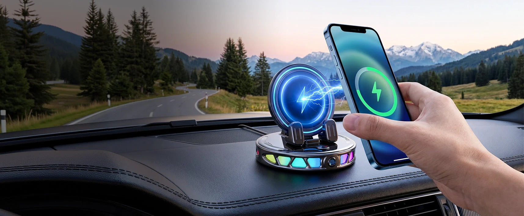 Car mount and phone with an illustrated charging effect