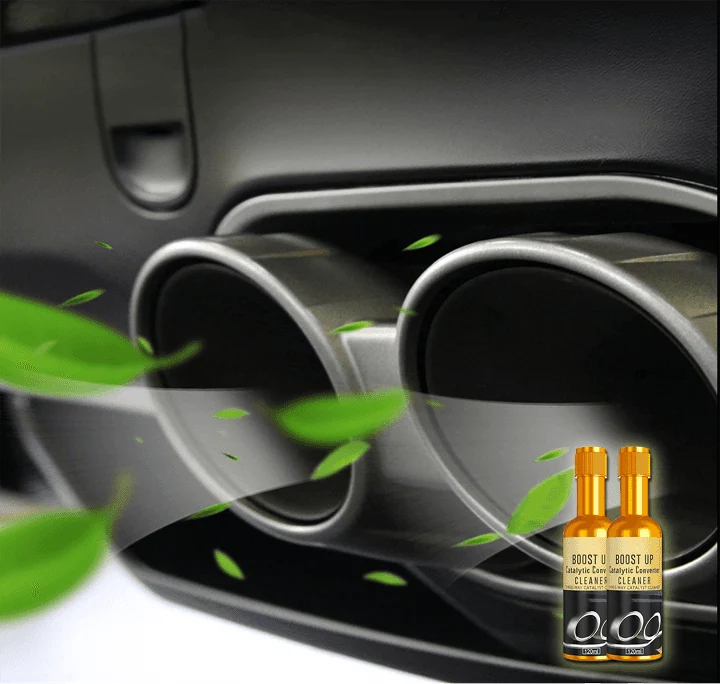 Two exhaust outlets with green leaves and two cleaner bottles