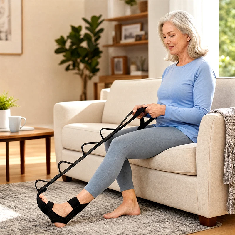 Woman using a stretching strap while seated on a sofa