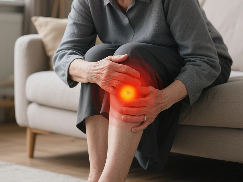 Seated person holding their knee with an illustrated discomfort highlight