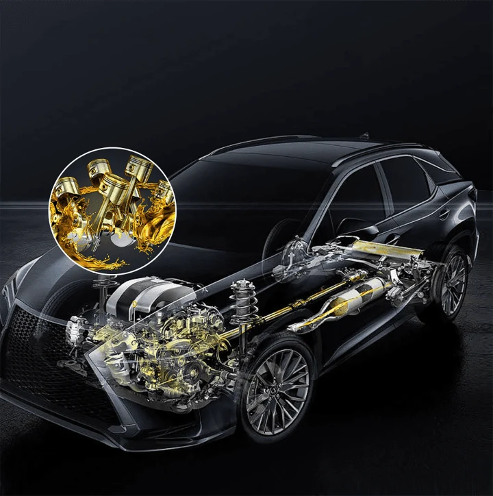 Cutaway view of a car showing engine and exhaust components