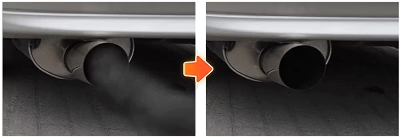 Before and after comparison showing visible exhaust on the left and no visible exhaust on the right